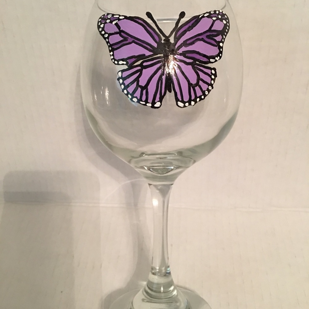 Purple Butterfly Hand Painted Wine Glass